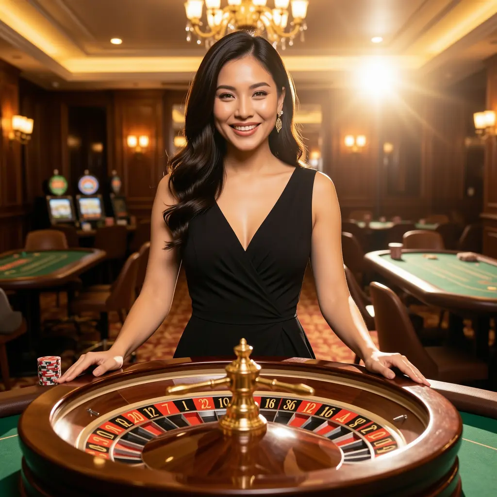 Maxim88 casino host standing at a roulette table in Malaysia